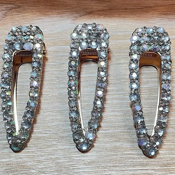 Women’s Large Rhinestone Hair Clip Barrettes with Gold Back Lot of 3 Set. - Picture 3 of 4